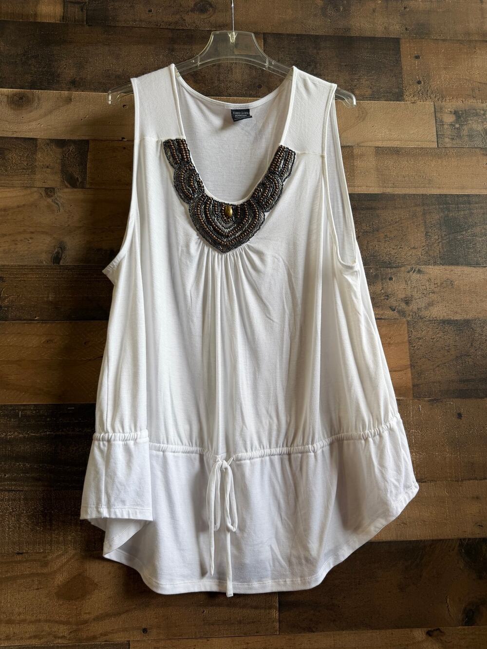 Faded Glory Womens White Beaded Neckline Drawstring Cinch Tank Top-Size 3X-Boho